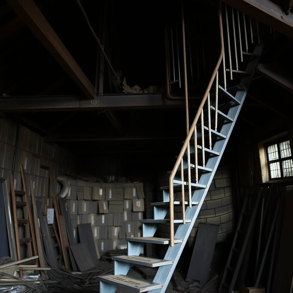Escalier en fer forgé en cours de pose (illustration)